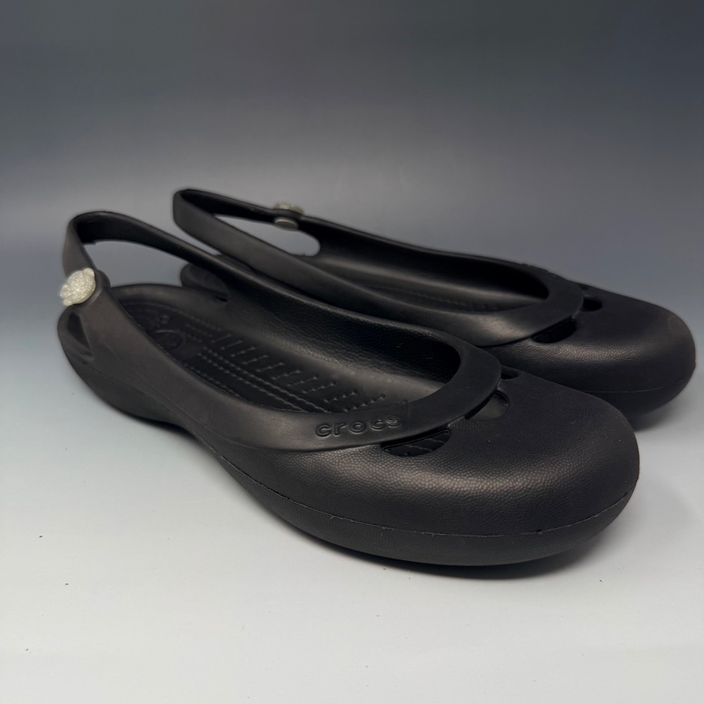 Crocs Jayna Black Slingback Flats Women Size 8 Rose Flower Stud Comfort Shoes